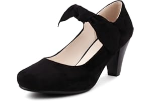 Elerhythm Women's Mary Jane Bow Closed Toe Vintage Pumps Heels Gatsby Victorian 1920s Dresses Faux Suede Shoes