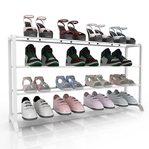 Homdox Metall Schuhregal Schuhschrank mit 4 Ablagen für bis zu 20 Paar Schuhe, ca L92 x W17 x H47cm (4 Schichten, Weiss)