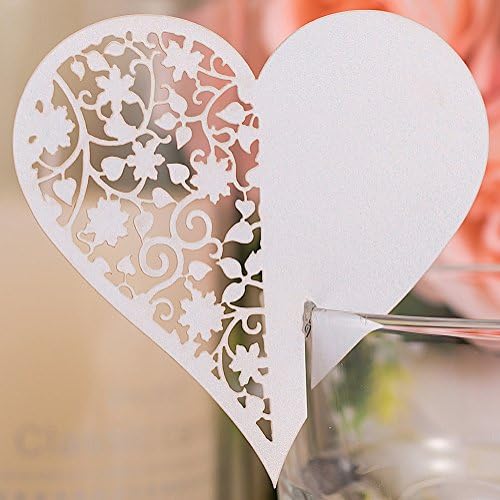 Premium 50pcs Wedding Place Table Name Cards 3D Laser Cut Love Heart Seating Card Party Wine Glass Cup Decoration for Bridal Baby Shower Engagement Birthday Tea Party Graduation Favo (White 1)