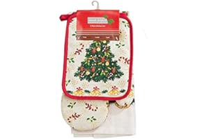 Ethel May 3 Pack Christmas Festive Xmas Tea Towel Set includes Tea Towel Oven mitt Gloves and Pot Mat Santa, Snowman, christmas tree and baubles (Christmas tree)