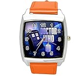 Taport® DR Who, Quarz-Uhr, quadratisch, SCI FI, E2, Echtleder, Orange, inklusive Ersatzakku und Geschenkbeutel