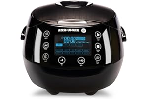 Reishunger Cyfrowy ryżowar i parowar w kolorze czarnym - Funkcja utrzymywania ciepła, minutnik & garnek premium - multicooker w zestawie z łyżką do ryżu i miarką, 12 programów, technologia 7-fazowa, do 8 osób