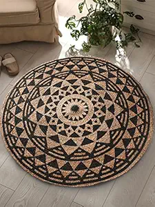 SASHAA WORLD Handwoven Black Symmetric Design Jute Rugs Round Braided Floor Carpet Mat for Living Room, Bedroom, Dining , Office, Restaurant (100 cms Round , Natural & Black Print)