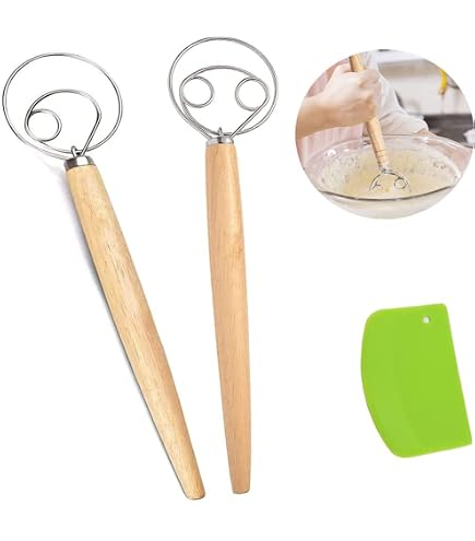 Fouet à Pâte Danois En Inox 304 - Poignée Chêne, 3 Boucles, Pour Pétrir Pain Et Pâtes Facilement