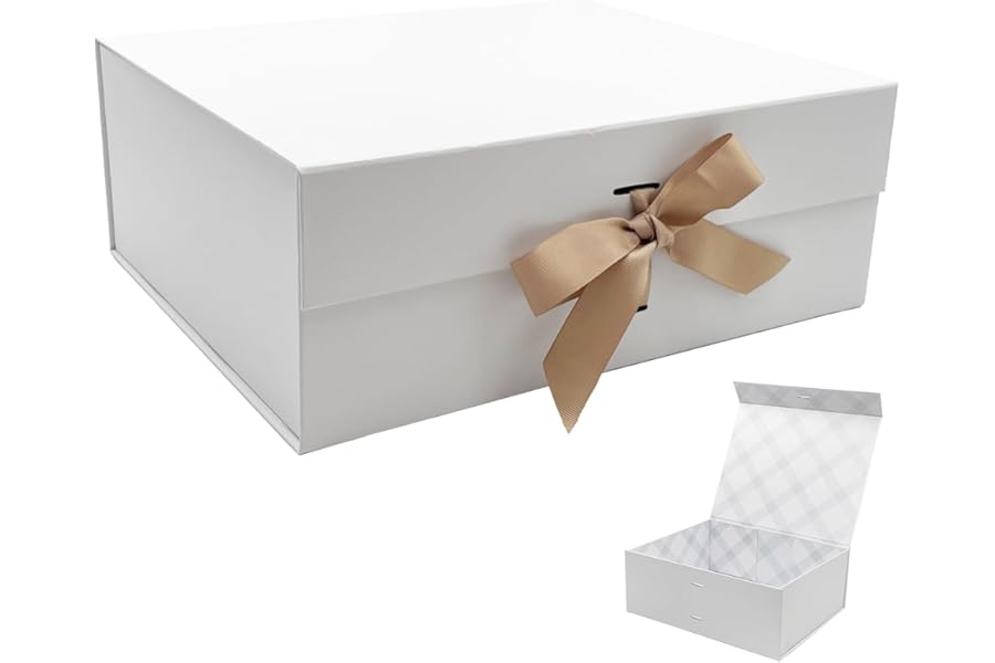 Tekhoho White Large Gift Box 33.5x27x12.5 cm, Premium Present Box with Magnetic Lid and Ribbon for Holidays Wedding Birthday Gift Packaging, Plaid Lining