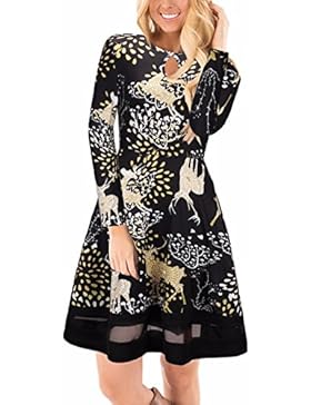 Ruiyige Damen Weihnachtskleid Langarm Xmas Print Ausgestelltes Midikleid
