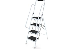 ARLOPU Escalera Plegable de 4 Peldaños, Escalera con Peldaños Antideslizantes de 38x26 cm, Step Ladder 4 Step con Pasamanos y Pies Antideslizantes, Soporta hasta 150 kg