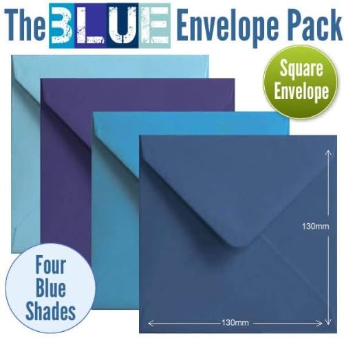 100 Small Square Blue Colour Envelopes. 4 Blue Shades of 130mm Square Gummed Blue Envelopes.