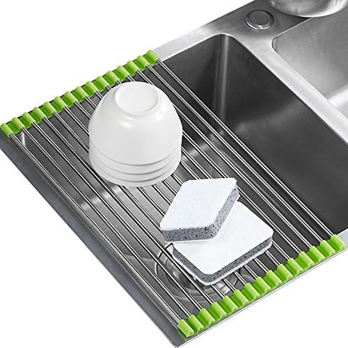 Kitchen Stainless Steel Tube Drainer Rack Folding Sink Filter Shelf with 15 Tubes for Vegetables Fruit Dish Bowl Roll Folding Drain Holder Dishware Draining Tray Bathroom Shelf Kitchen Accessories (Green)