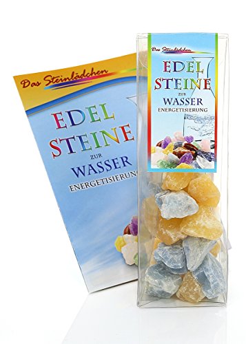 Wassersteine Geschenkbox Set – Stabilität und Stärke – gelber Calcit, blauer Calcit + Broschüre für Edelsteinwasser