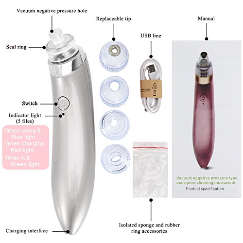 Mitesser Entferner Set, iSuri Mitesser Reiniger Elektrisch Vakuum Nase Mitesserentferner Sauger Akne Entferner Gerät Poren Reiniger mit 4 Austauschbaren Reinigungsaufsätzen (Weiß) - 7