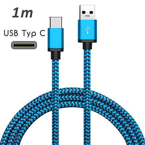 Original COVERLOUNGE – Nylon USB Typ C Kabel [3-Pack] / Datenkabel / Ladekabel [2.1 A] für alle Huawei Smartphones mit USB Typ C Anschluss | Farbe: Blau | Länge: 1 Meter / 1m - 2