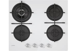 Candy Moderna Piano Cottura a Gas 4 Fuochi, Vetro Temperato, Bruciatore a Doppia Corona, Griglie Lavabili in Lavastoviglie, AxLxP 0,8x59,5x51 cm, Bianco - CVG6BR4WTW