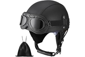 BDTOT Casque de Moto Vintage Cuir Retro Vintage Scooter Open Face Demi Casque de Cuir avec UV Lunettes Certifié ECE Bols pour Homme et Femme Adultes Demi-Casques avec Sac de Rangement