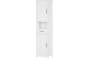 kleankin Columna de Baño Armario de Baño Alto con 2 Puertas 1 Cajón Estante Abierto y Estantes Ajustables Antivuelco 40x30x164 cm Blanco