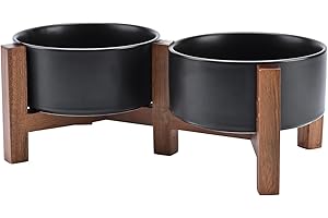 SPUNKYJUNKY Hundenapf Keramik Doppel Hund Futternapf Erhöhte Napf mit Akazienholz Ständer für Katzen und Hunde(850ml, Schwarz)