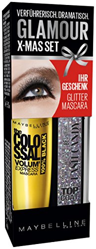 Maybelline New York Augen Make-Up Set Mascara The Colossal Volum' Express 100% Black plus Glitzer Top Coat (einmal Auftragen - kolossales Volumen), schwarz, 1 x 10,7 ml