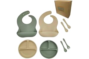 AKAMBO juego vajilla bebe 8 piezas, vajilla bebe silicona, plato ventosa bebe, 2 platos bebe, 2 cucharas bebe, 2 babero silicona bebe, 2 tenedor bebe, plato bebe con ventosa, cuchara bebe.