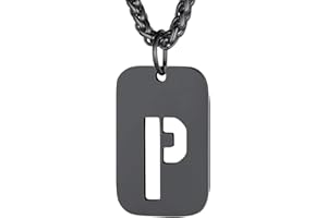 Richsteel Unisex English Letter Dog Tag Pendant Initial Necklace, Hollow Out Alphabet with Resziable Wheat Chain, Customizable, Gold/Black Plated/Silver Tones, Gift Packaging