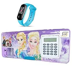 IZU Multipurpose Magnetic Pencil Box with Calculator, Dual Sharpener for Girls & Boys +Digital Watch (Frozen)