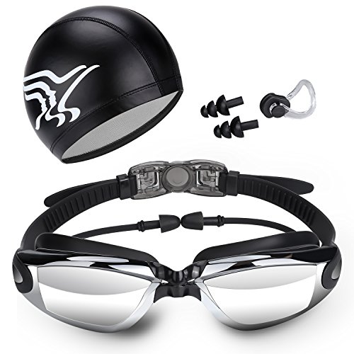 Lijuan Lunettes de Natation, Lunettes de Natation avec Protection UV Anti-buée, avec Pince-Nez, Bouchons d'oreille, Crystal Clear Vision avec étui de Protection