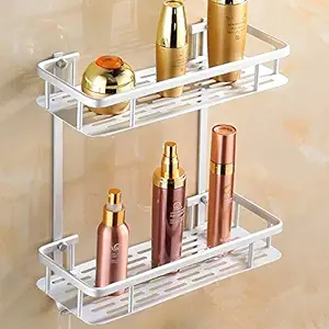 HOME CUBE 2 Layer Aluminium Multipurpose Kitchen Bathroom Shelf Wall Mount Storage Rack - silver