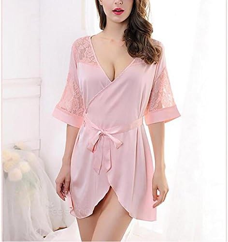 HXQ Women's Bathrobes Simulated Bathrobe Pajamas Kimono Robes Satin Pure Colour Short style with Oblique V-Neck Nightwear , pink