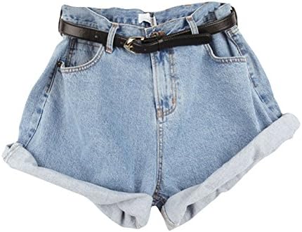 Women High Waist Jeans Shorts Denim Hot Pants Simple Casual Classic Elastic Curling Hem LightBlue M