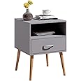 Jooli H Wood Bedside Table Cabinet Storage Nightstands 1 Drawer with Metal Handle, 42 x 40 x 56 cm, Grey