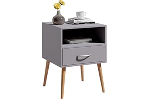 Jooli H Wood Bedside Table Cabinet Storage Nightstands 1 Drawer with Metal Handle, 42 x 40 x 56 cm, Grey