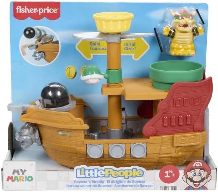 Fisher-Price Little People My Mario Juguete para niños pequeños, Conjunto de Juego de Barco de Bowser con Figura para niños y niñas en Edad Preescolar, a Partir de 18 Meses, JHG62