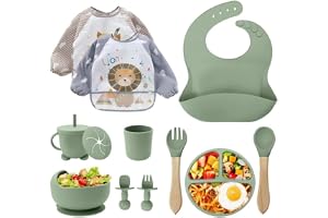 Bestickset för bebisar, silikon 12 delar, BPA-fri barntallrik med sugkopp, dryckeskopp med sugrör, silikonhaklapp, skål, träsked, babybestick – diskmaskinssäker