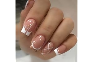 CEBOIC 24 sztuk fałszywe paznokcie krótki kwadratowy złoty błyszczący francuski kij akrylowy na paznokciach naklejki nagie pełna okładka drukowanie na paznokciach dla kobiet dziewczyny sztuka dekoracje