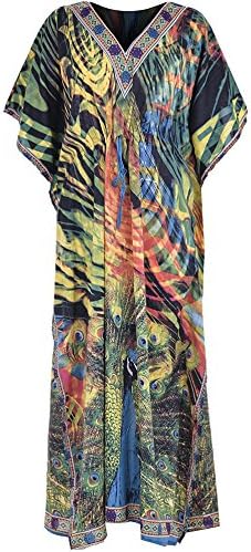 New Ladies Womens Long Cool Kaftans Printed Dress With Waist Tie (V/Peacock Turquoise)