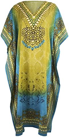 Mia Creations Tribal Print Long Kaftan Plus Size Maxi Dress (Turquoise Blue-Olive Green)