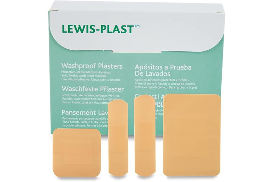 Lewis-Plast Premium Assorted Breathable Sterile Hypoallergenic Washproof Plasters, Box of 100 First Aid Medical Grade Waterproof Plaster, Suitable for All Types of Minor Cuts and Grazes