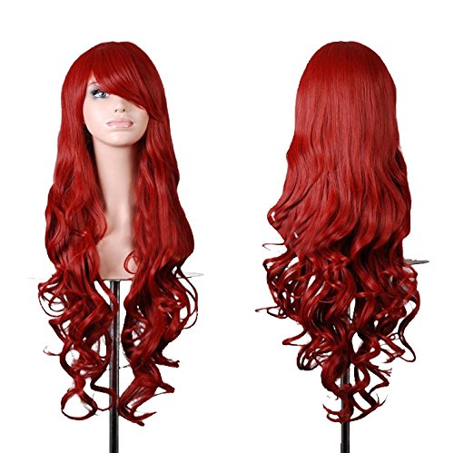 Tenflyer Women Ladies 32" Wigs Long Spiral Curly Hairpiece for Cosplay Party (Dark Red)