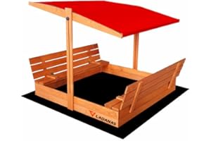 Ladanas® bac à Sable Enfant en Bois fermé de 140 x 140 cm avec bancs-bac a Sable avec Couvercle- Bois de pin imprégné -bac à Sable avec Toit surbaissé -1 bâche de Protection 1 bâche Isolante Rouge