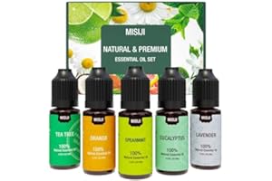 MISIJI Set di oli essenziali per diffusori，per la casa, lavanda, menta, tea tree, eucalipto, arancio, 5 X 10ML