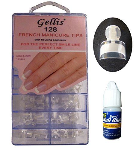 Gellis - French Manicure Nail Tips White - Thick - French Wrap Plus - 128 tips + Bottle of Nail Glue