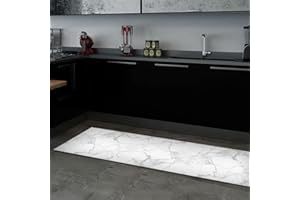 CREARREDA Tapis de Cuisine antidérapant White Marble 50x180 Tapis de Protection de Sol en Vinyle 100% fabriqué en Italie, Lavable, Ignifuge et résistant à l'eau