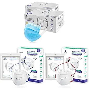 CARE VIEW 3 Ply Disposable Surgical Face Mask Box (Pack of 100, BLUE) & Head Loop Style N-95, Non-Woven Fabric Reuseable Protective Face Mask ( Pack of 6, White) & CV1221H N95 Mask (White)-Pack of 10