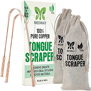 Tongue Scraper Cleaner with Travel Cotton Pouches - 2 Pack, Fights Bad Breath, 100% Pure Copper, Great for Oral Care, Tongue Cleaner for Adults and Kids, Easy to Use with Non-Synthetic Handle