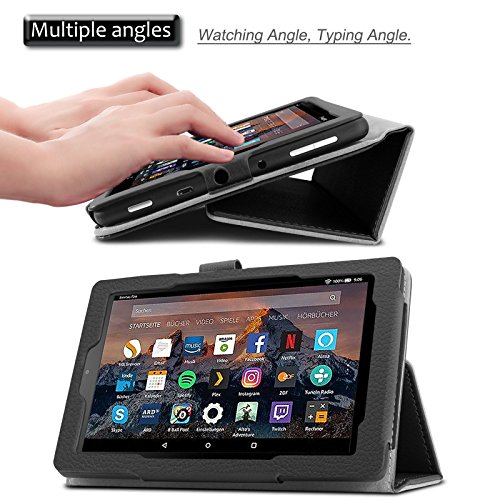 Amazon Fire 7-Hülle (7-Zoll-Tablet, 7. Generation – 2017), Infiland Slim Fit Folio PU-lederne dünne Kunstleder Schutzhülle Cover Tasche für Das neue Fire 7 (2017), 17,7 cm (7 Zoll) Display Tablet / 2015 Modell (mit Auto Schlaf / Wach Funktion)(Schwarz) - 4