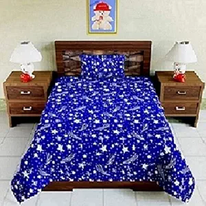 Cotton Villas 3D Printed Microfiber for Single bedsheet for Single Bed Blue Star with 1 Pillow Cover Microfiber and Cotton Mix Color White (88 X 60 inch )