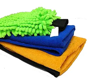 A-ONE SUPPLIERS Microfiber Cleaning Cloths 3 in 1 Combo for Car Care (1 pc 40 x 40 cm 340 GSM Microfiber Cloth, 1 Fluffy Microfibre Cloth for Detailing, 1 Big Size Microfiber Glove ; Random Colours)