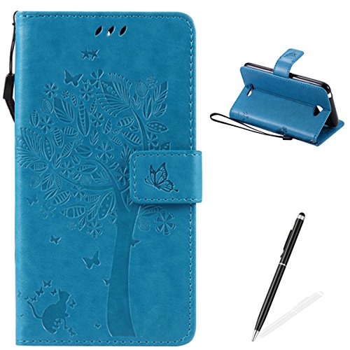 Sony Xperia E4 Hülle, Feeltech Premium Design PU Leder Beschützer Haut Schutzfolie Tasche, Geprägte Baum Katzen Schmetterlings Blumen Muster [with Free Stylus Pen] Kartenfächer Kreditkarte Holder Stand Funktion Magnetverschluss Bookstyle Flip Wallet Handyhülle für Sony Xperia E4 - Blau