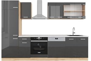 Vicco Mueble de Cocina R-Line, Antracita Brillo Intenso/Roble Dorado eléctrico, 300 cm, ET Mármol