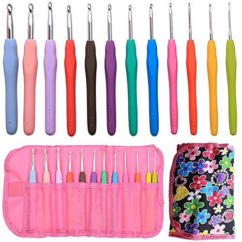 Häkelnadel Set,Outway 12 ergonomische Griff aus Weichgummi und Stricknadel aus Aluminium in den Größen 2mm bis 8mm DIY