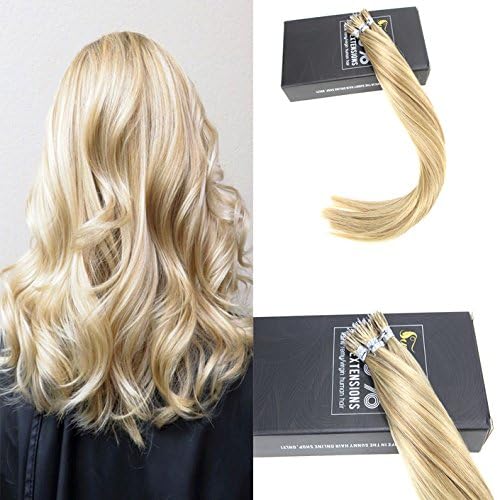 Sunny Silk Straight Micro Bead Nano Ring Hair Extensions 1g/strand 50g/package 16" #16/22 Ash Blonde with Bleach Blonde Balayage Nano Tip Human Hair Extensions